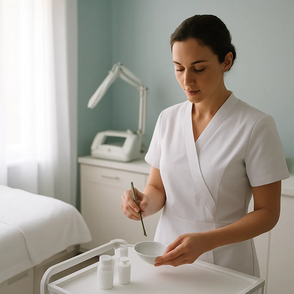 Spa practitioner preparing tools in a clean clinical room