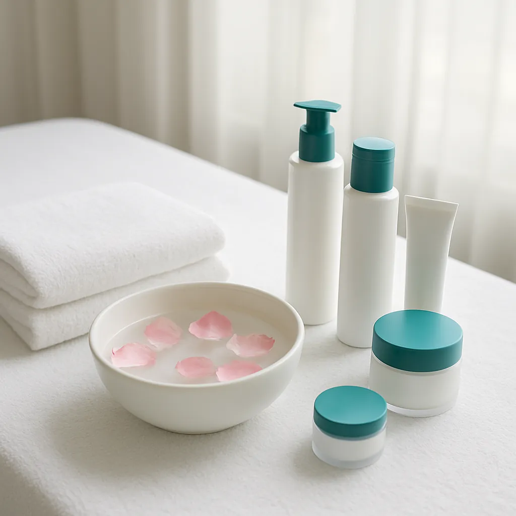 Close-up of facial treatment table with towels and skincare products