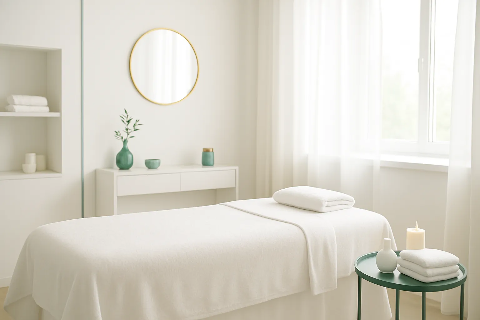 Bright spa treatment room with massage table and natural light
